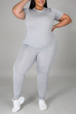 Grey Fashion Casual Solid Basic O Neck Plus Size Two Pieces