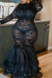 Black Fashion Sexy Plus Size Solid Patchwork See-through O Neck Long Sleeve Dresses