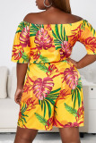 Yellow Sexy Print Patchwork Off the Shoulder Plus Size Jumpsuits