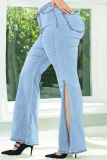 Deep Blue Fashion Casual Solid Slit Plus Size Jeans