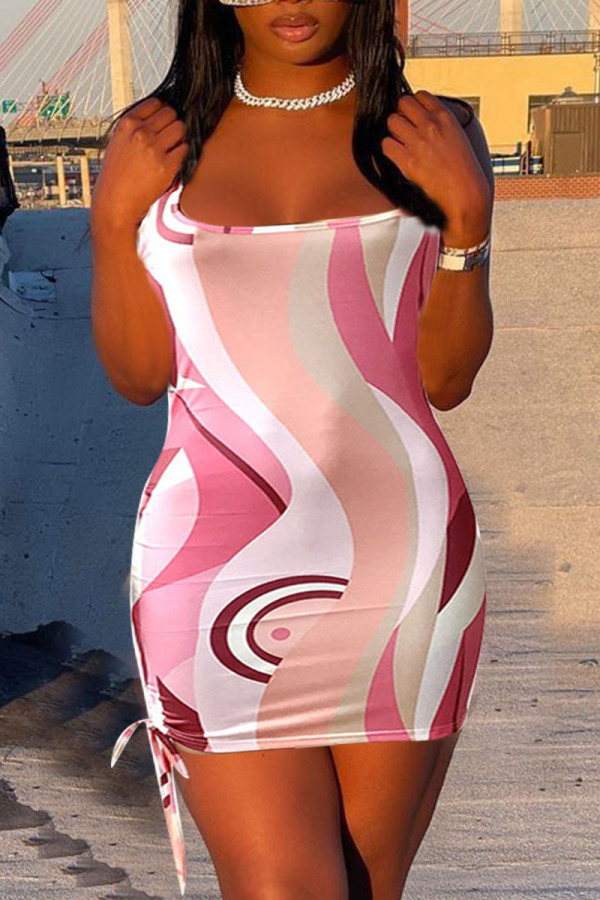 Pink Sexy Print Split Joint Frenulum Backless Halter Pencil Skirt Dresses