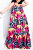 Pink Sexy Print Patchwork High Opening Spaghetti Strap Sling Dress Plus Size Dresses