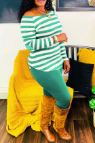 Green Casual Striped Patchwork Off the Shoulder Long Sleeve Two Pieces