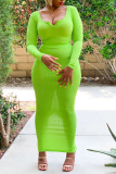 Fluorescent Green Casual Solid Split Joint Slit U Neck Long Sleeve Two Pieces