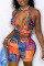 Tangerine Red Sexy Print Hollowed Out Patchwork Halter Sleeveless Two Pieces