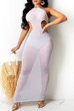 White Fashion Sexy Solid See-through Backless O Neck Sleeveless Dress