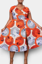 Orange Yellow British Style Print Patchwork High Opening V Neck Princess Plus Size Dresses