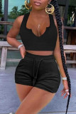 Black Fashion Casual Solid Vests V Neck Sleeveless Two Pieces