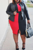 Black Red Fashion Casual Patchwork Slit O Neck Vest Dress Plus Size Dresses