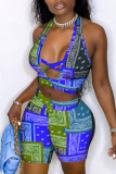 Royal Blue Sexy Print Hollowed Out Patchwork Halter Sleeveless Two Pieces