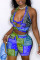 Royal Blue Sexy Print Hollowed Out Split Joint Halter Sleeveless Two Pieces