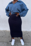 Tibetan Blue Fashion Casual Solid Fold Regular High Waist Skirts