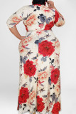 Red Casual Print Bandage Patchwork V Neck Straight Plus Size Dresses