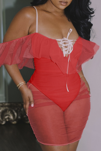 Red Sexy Solid Flounce Mesh Swimwears