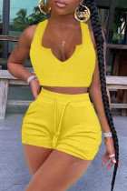 Yellow Fashion Casual Solid Vests V Neck Sleeveless Two Pieces