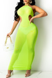 Fluorescent Green Fashion Sexy Solid See-through Backless O Neck Sleeveless Dress