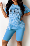 Peacock Blue Casual Patchwork Tie-dye Letter O Neck Short Sleeve Two Pieces