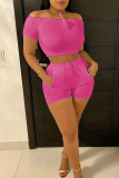 Pink Sexy Casual Solid Backless Off the Shoulder Short Sleeve Two Pieces