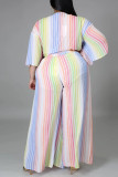 Colour Fashion Casual Striped Print Hollowed Out Slit V Neck Plus Size Two Pieces