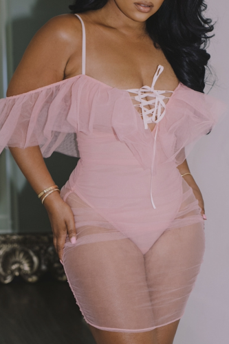Pink Sexy Solid Flounce Mesh Swimwears
