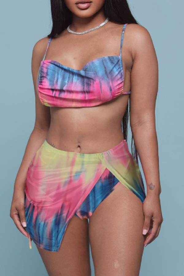 Multi-color Sexy Print Patchwork Swimwears Three Pieces