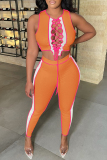 Orange Fashion Sexy Patchwork Bandage Hollowed Out O Neck Sleeveless Two Pieces