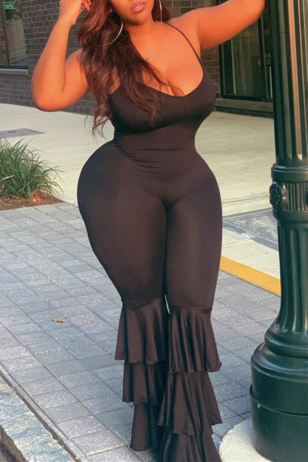 Black Fashion Sexy Solid Backless Spaghetti Strap Plus Size Jumpsuits