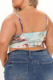 Colour Sexy Print Hollowed Out Patchwork Frenulum Spaghetti Strap Plus Size Tops