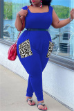 Blue Fashion Casual Patchwork Pocket U Neck Plus Size Jumpsuits