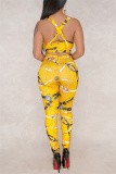 Yellow Sexy Casual Print Backless U Neck Sleeveless Two Pieces