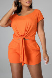 Tangerine Red Casual Solid Bandage Patchwork O Neck Short Sleeve Two Pieces