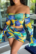 Blue Sexy Print Patchwork Draw String Flounce Fold Off the Shoulder Long Sleeve Two Pieces