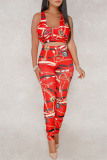 Red Sexy Casual Print Backless U Neck Sleeveless Two Pieces
