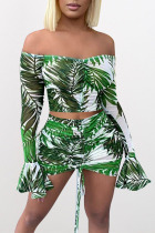 Green Sexy Print Split Joint Draw String Flounce Fold Off the Shoulder Long Sleeve Two Pieces