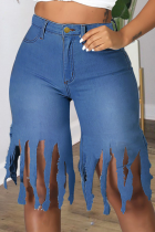 Medium Blue Casual Solid Tassel Mid Waist Skinny Denim Shorts