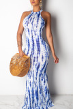 Light Blue Colorblock Sleeveless Halter Casual Vacation Bodycon Maxi Dress