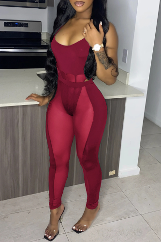 Burgundy Sexy Solid Mesh Spaghetti Strap Sleeveless Two Pieces