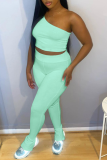 Mint green Casual Solid Patchwork One Shoulder Sleeveless Two Pieces