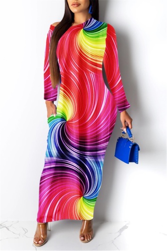 Multicolor Rainbow Color Sexy Printed Diagonal Shoulder Bodycorn Long Sleeve Maxi Dress
