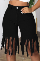 Black Casual Solid Tassel Mid Waist Skinny Denim Shorts