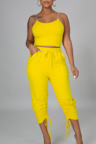 Yellow Sexy Solid Split Joint Draw String Spaghetti Strap Sleeveless Two Pieces