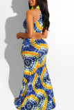Tibetan Blue Sexy Print Hollowed Out Patchwork Halter Straight Dresses