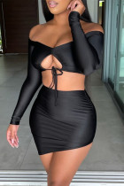 Black Fashion Sexy Solid Bandage Hollowed Out Off the Shoulder Long Sleeve Two Pieces