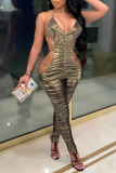 Gold Sexy Solid Hollowed Out Halter Skinny Jumpsuits
