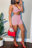 Pink Fashion Sexy Solid Backless V Neck Sleeveless Two Pieces