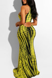 Yellow White Sexy Print Hollowed Out Patchwork Halter Straight Dresses