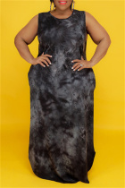 Black Fashion Casual Plus Size Print Tie Dye O Neck Vest Dress