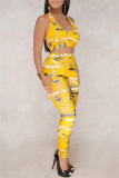 Yellow Sexy Casual Print Backless U Neck Sleeveless Two Pieces