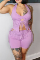 Pink Purple Fashion Sexy Solid Bandage Backless Halter Sleeveless Two Pieces