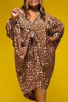 Leopard Print Sexy Leopard Split Joint V Neck Cake Skirt Plus Size Dresses
